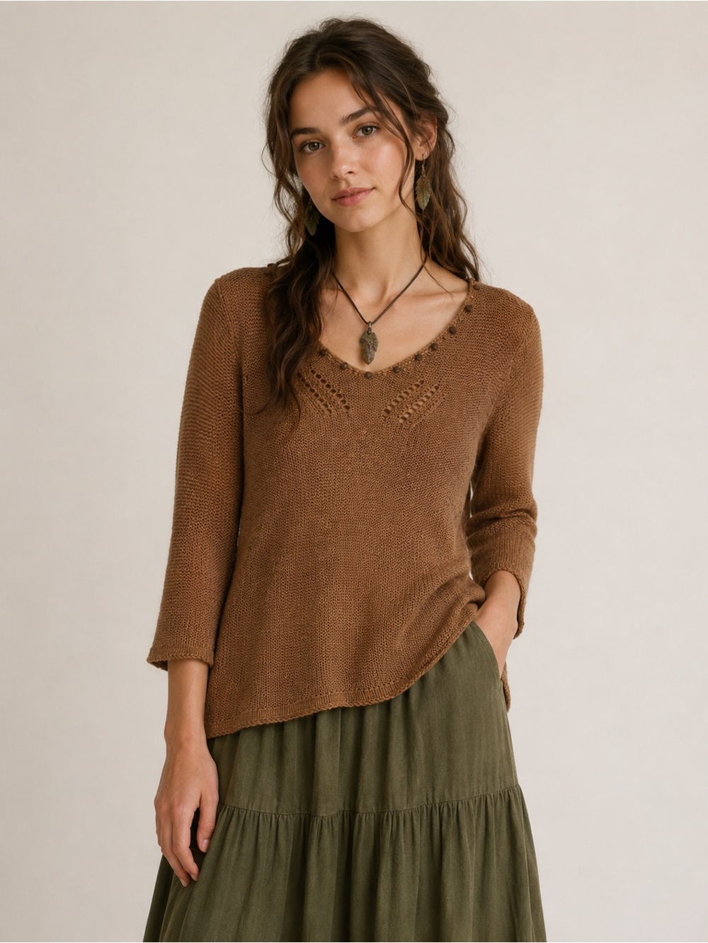 Boho Goblincore Chocolate Brown Open Knit V-Neck Sweater Coastal Earthy Hobbit